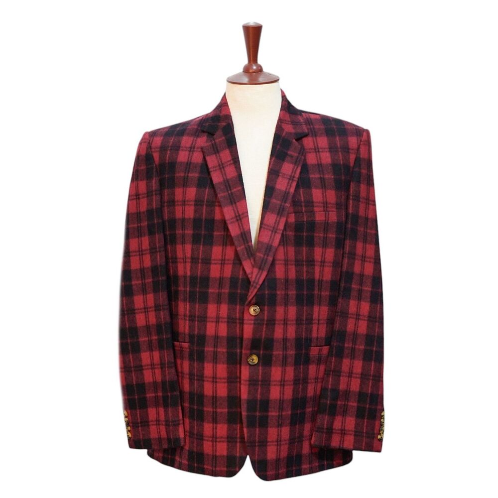 Mens Lambswool Sport Coat 44R Red Black Tartan Plaid Blazer 2 Button Classic